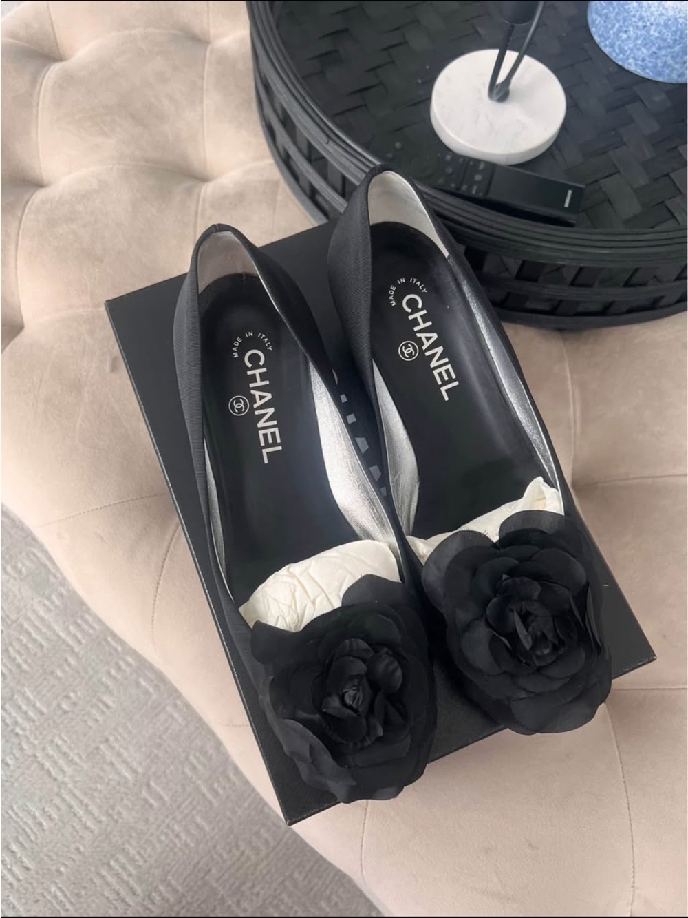 CHANEL Black Leather Camellia-Embellished Flats
